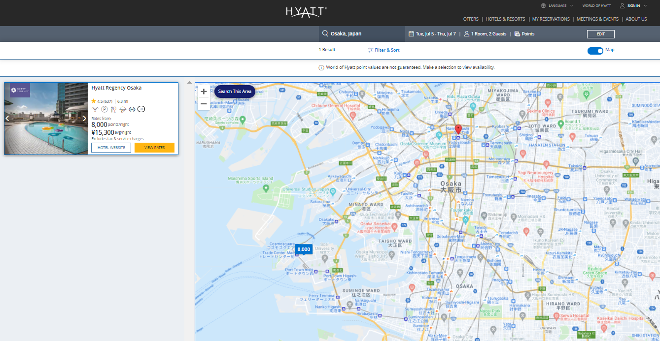 Hyatt award map for Osaka