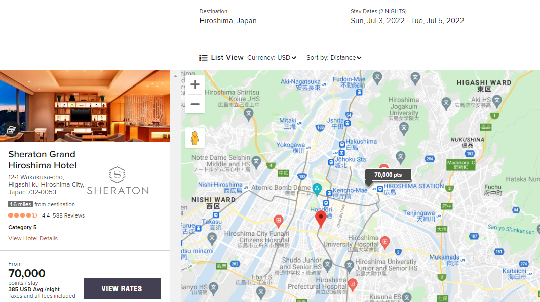 Marriott award map for Hiroshima