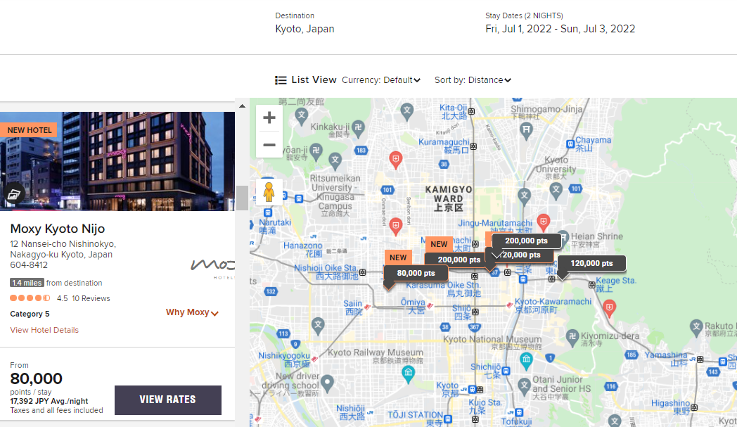 Marriott award map for Kyoto