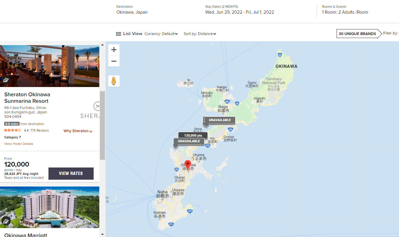 Marriott award map for Okinawa