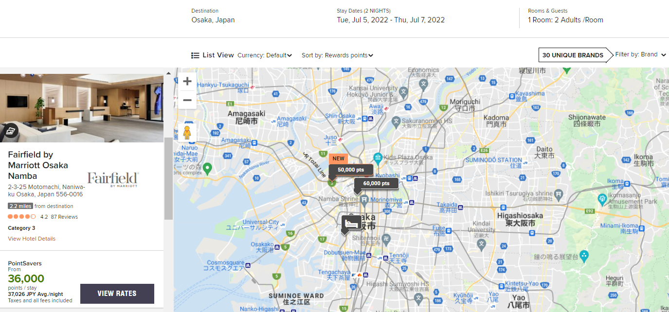 Marriott low-category award map for Osaka