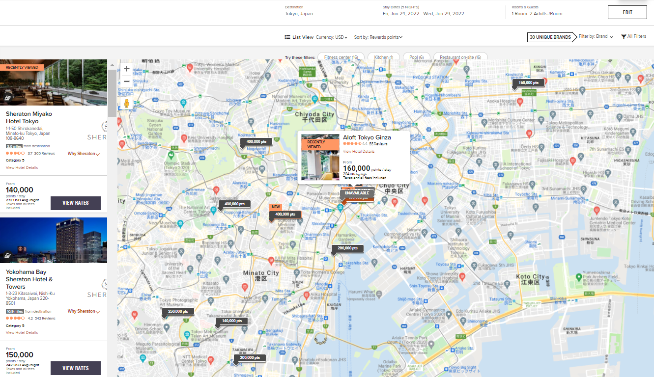 Marriott award map for Tokyo