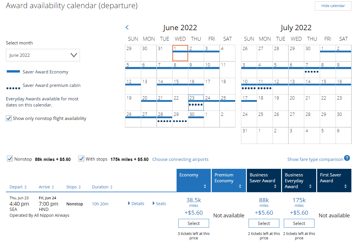 Searching ANA award availability on United