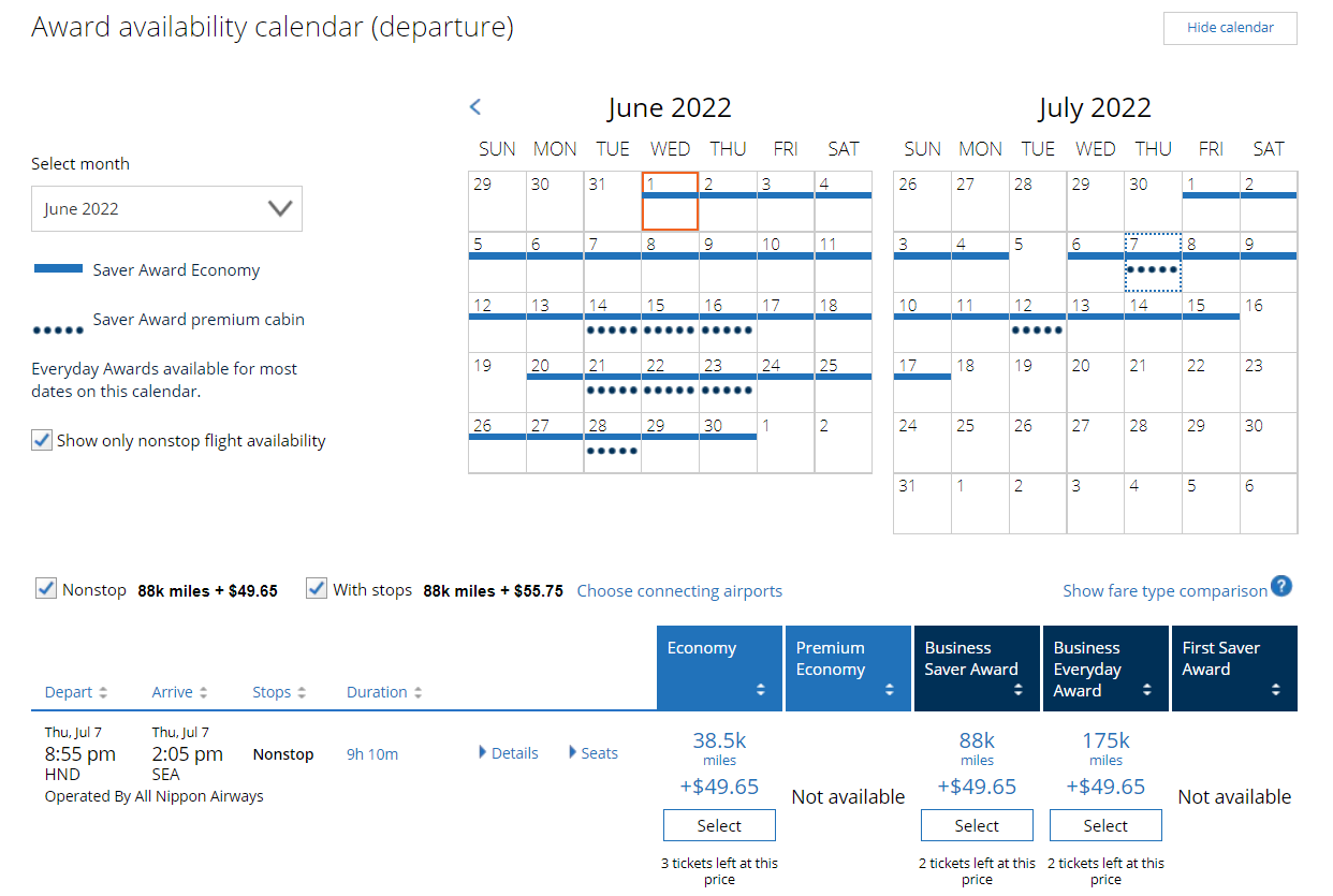 Searching ANA award availability on United