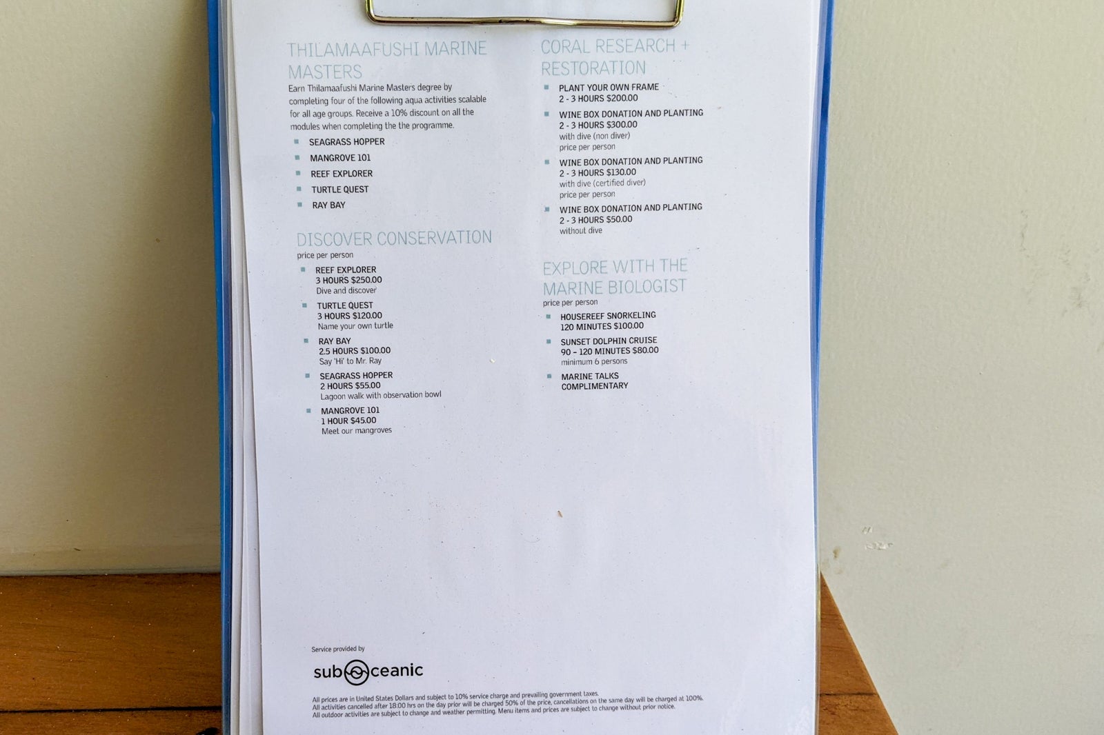 Price list for activities