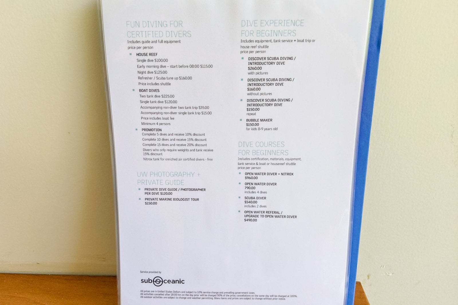 Price list for activities