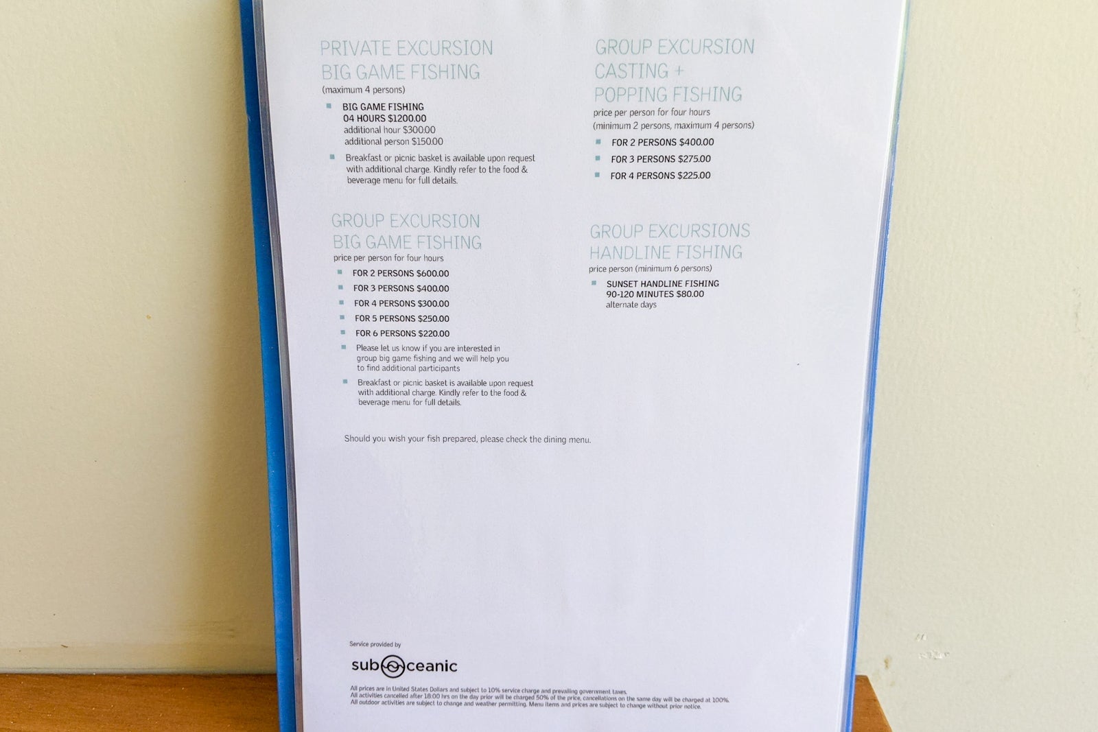 Price list for activities