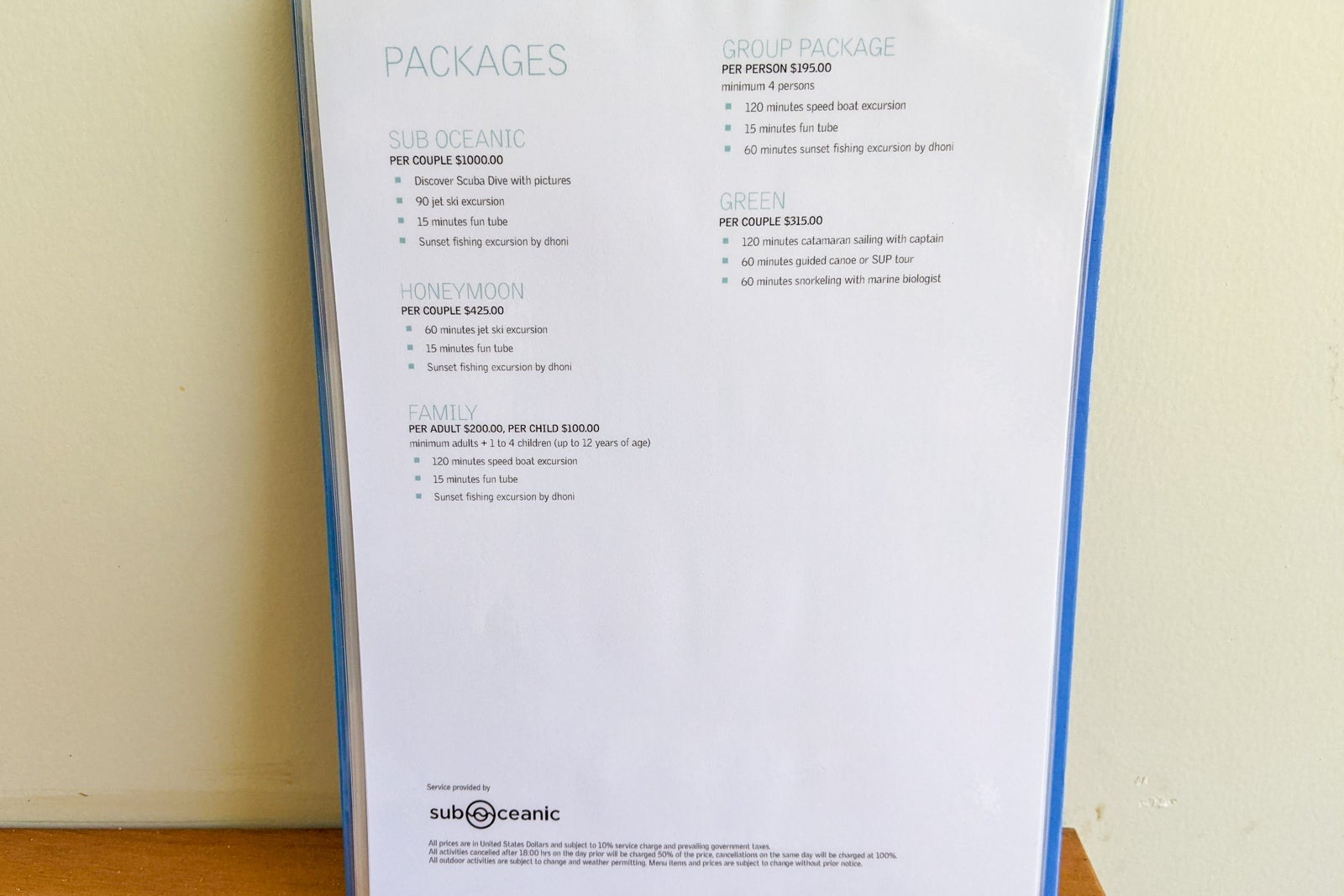 Price list for activities