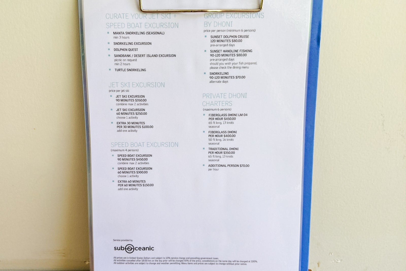 Price list for activities