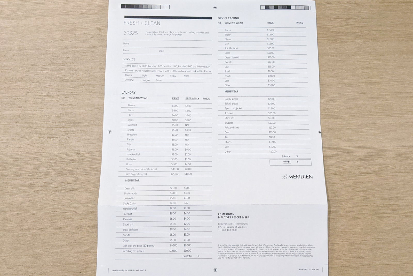 Laundry price list at Le Meridien Maldives