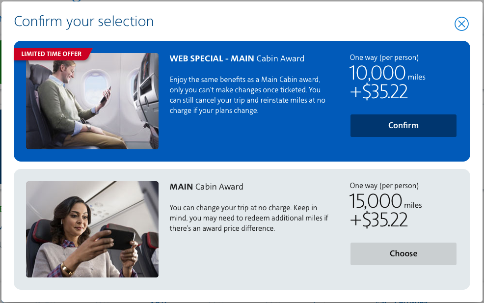 Choosing a Web Special or standard award ticket