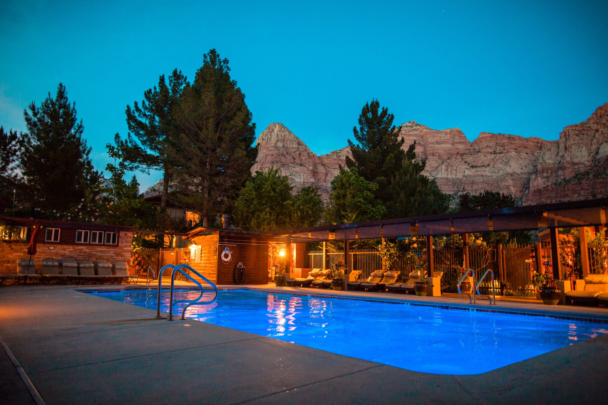 The pool area of the Cliffrose Hotel in Springdale, Utah — part of Hilton's Curio Collection