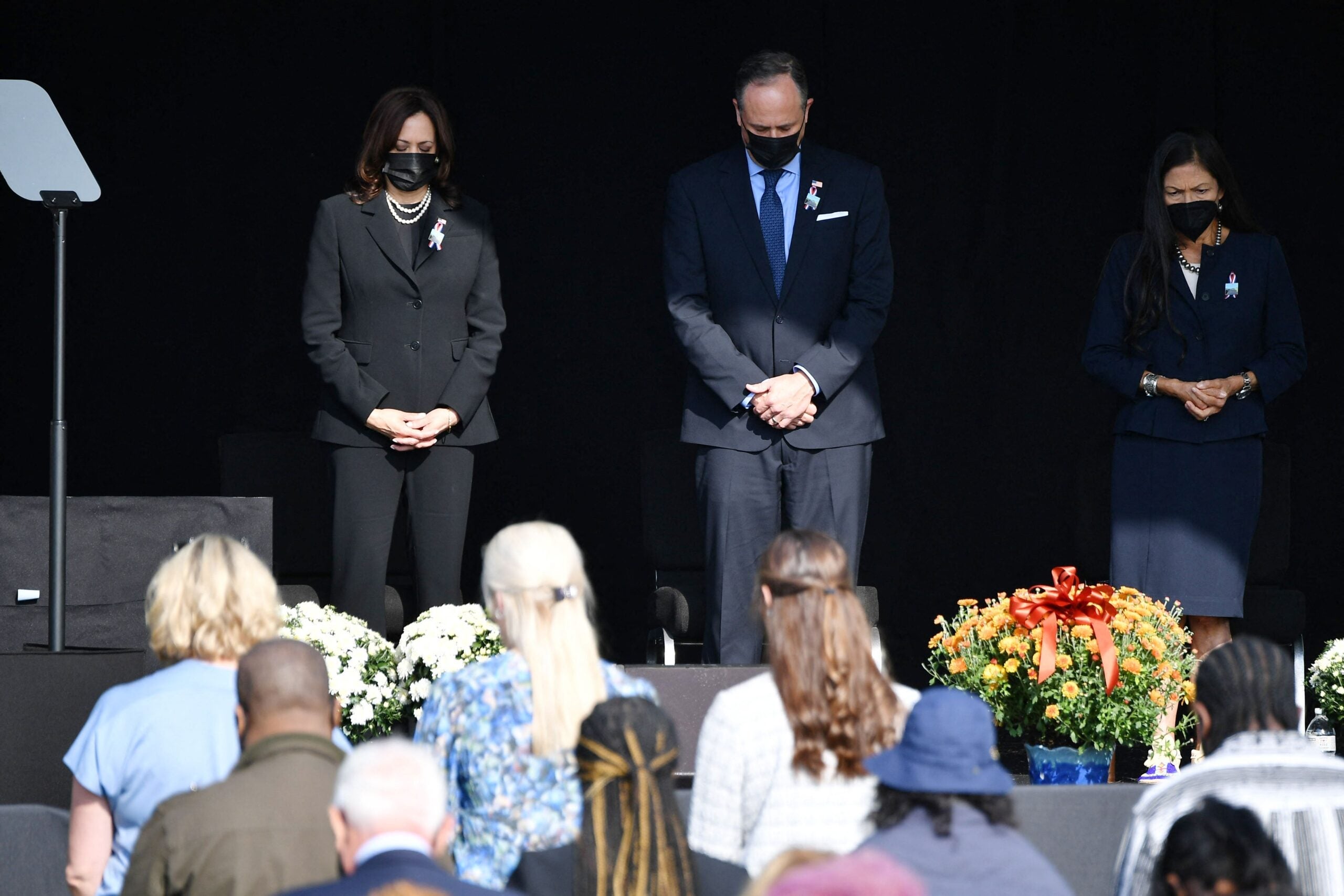 US Vice President Kamala Harris (L) her husband Doug Emhoff, and Rep. Deb Haaland(D-NM) attend a 9/11 commemoration at the Flight 93 National Memorial in Shanksville, Pennsylvania on September 11, 2021. (Photo by MANDEL NGAN / AFP) (Photo by MANDEL NGAN/AFP via Getty Images)