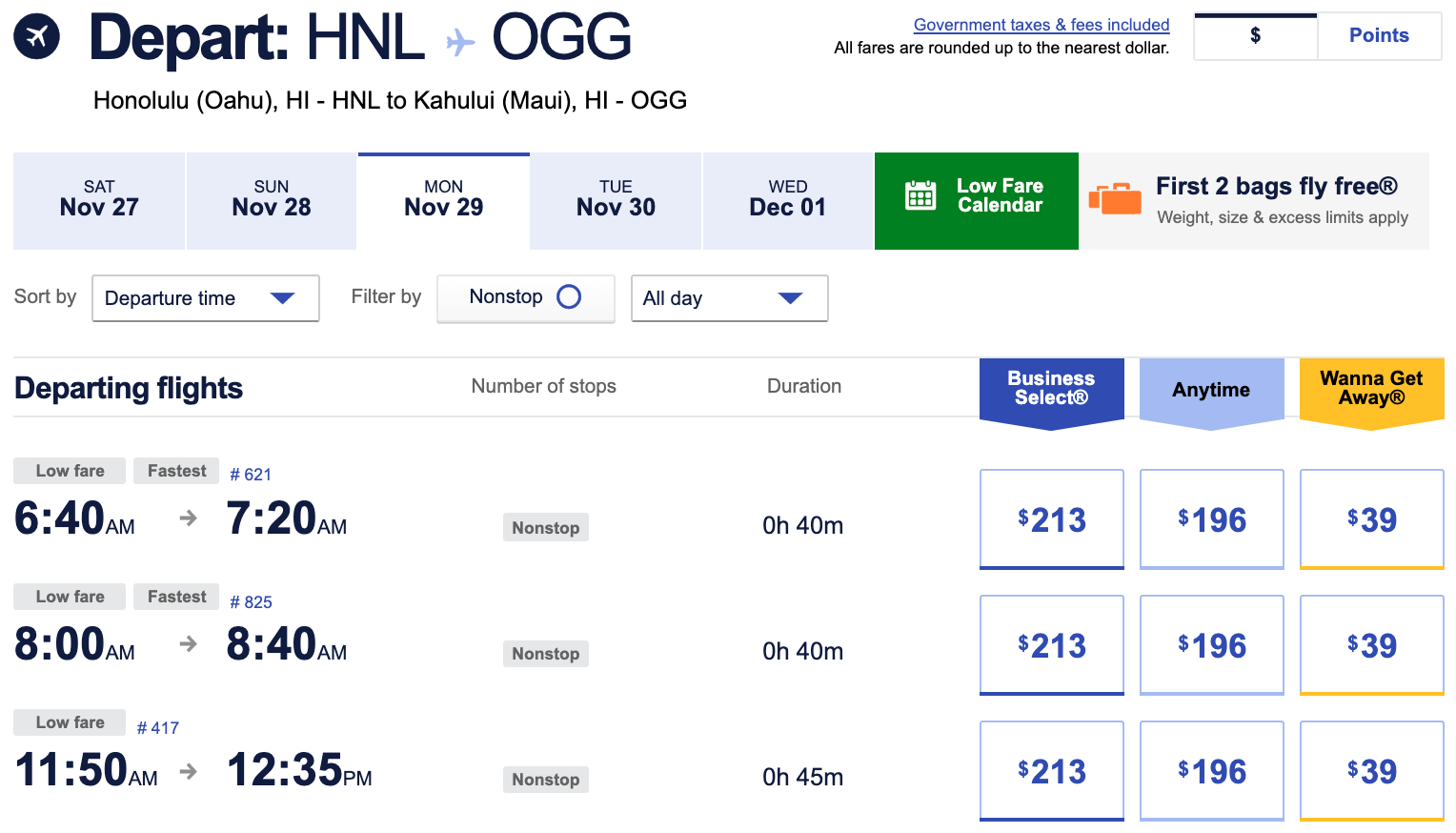 HNL-OGG cash