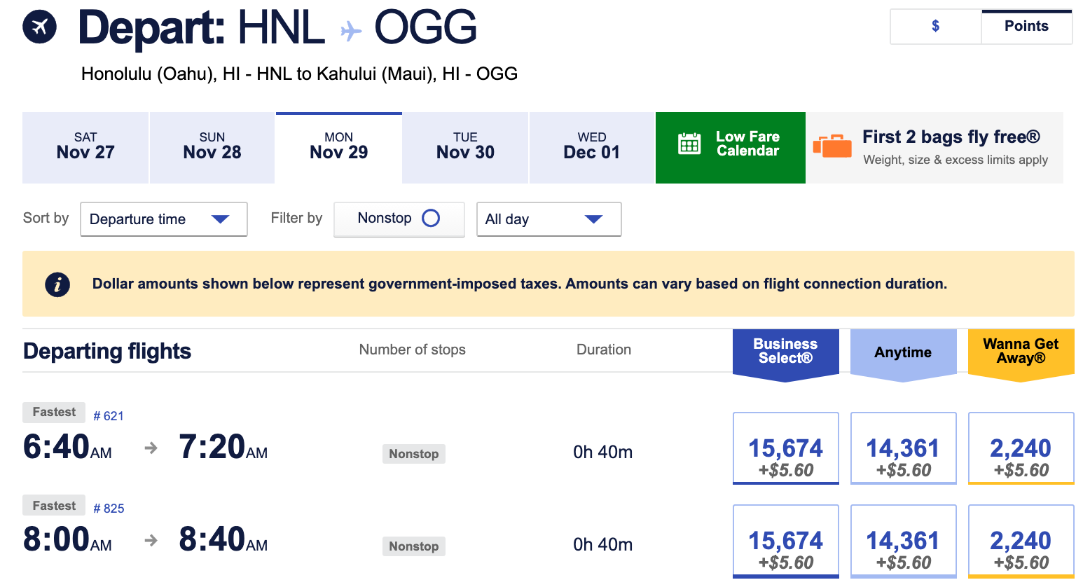 HNL-OGG points