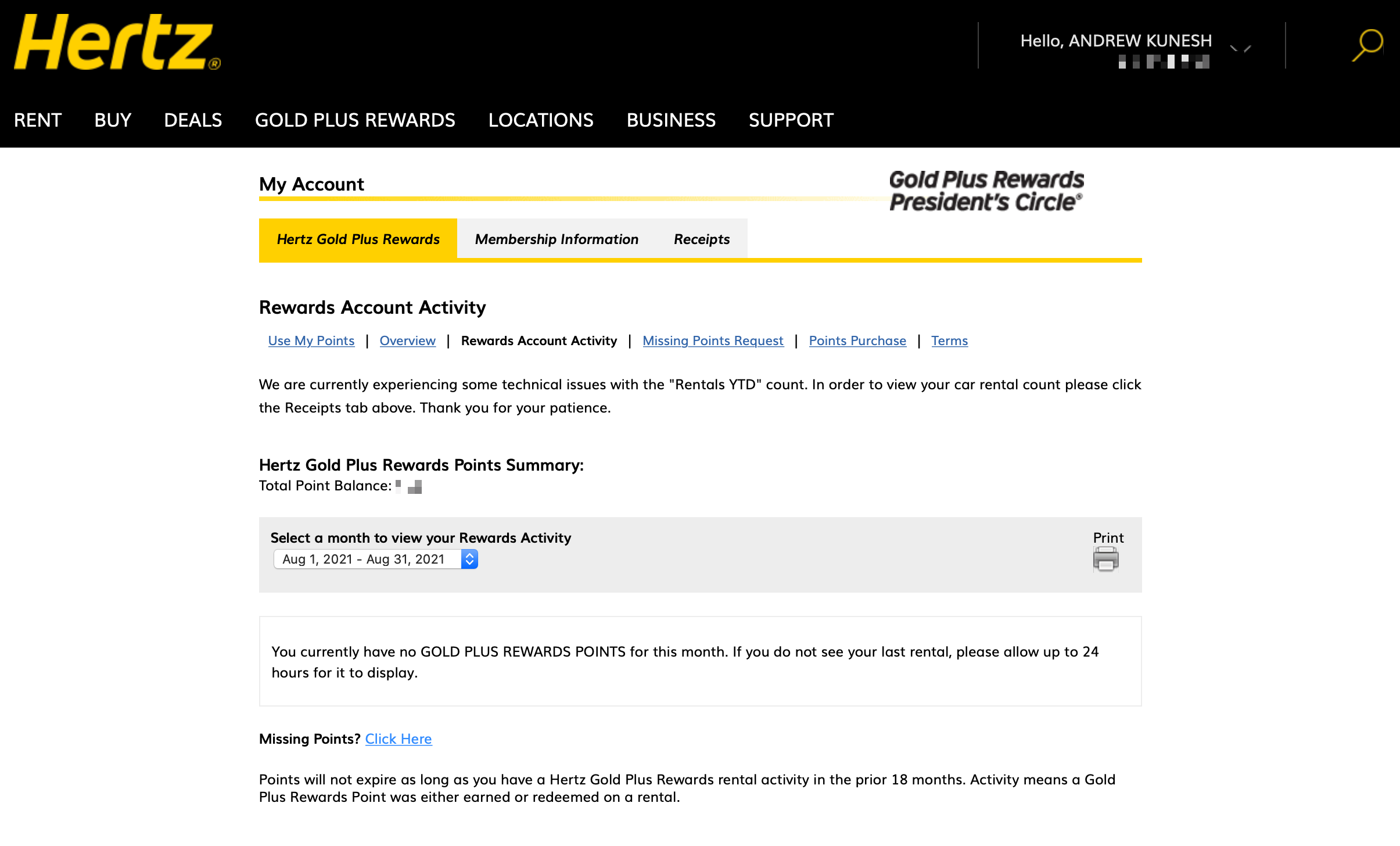 Hertz Gold Rewards Account Activity Page