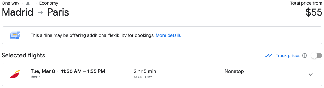Iberia flight from MAD to ORY in Google Flights