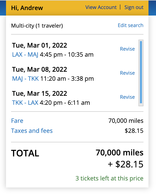 Island Hopper from LAX award ticket on United's website