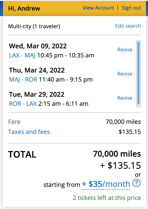 Island Hopper with stop in ROR