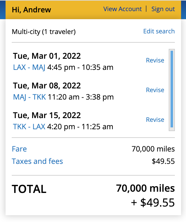 Island hopper from LAX return through NRT on United's website
