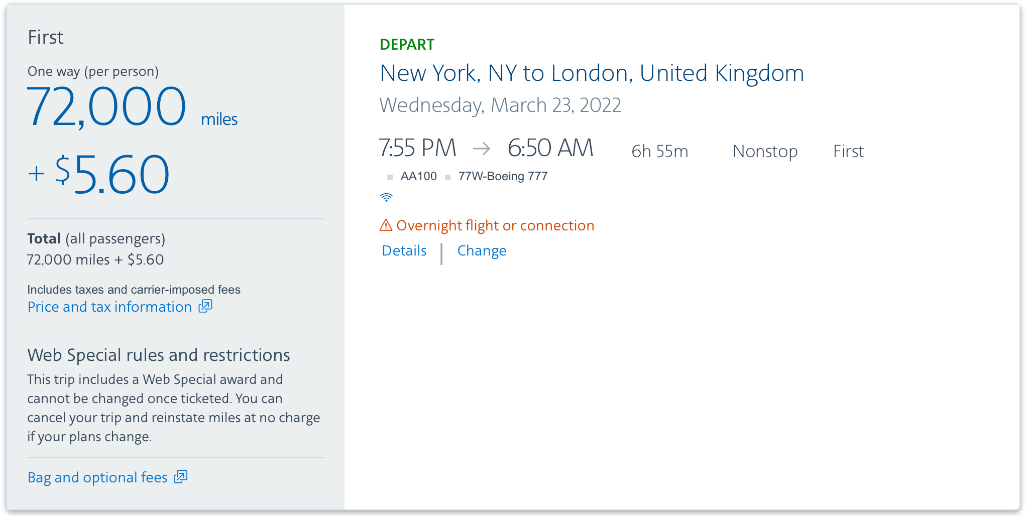 JFK to LHR American Web Special Award ticket