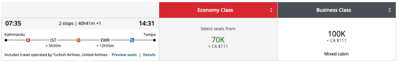 KTM to TPA Aeroplan award ticket