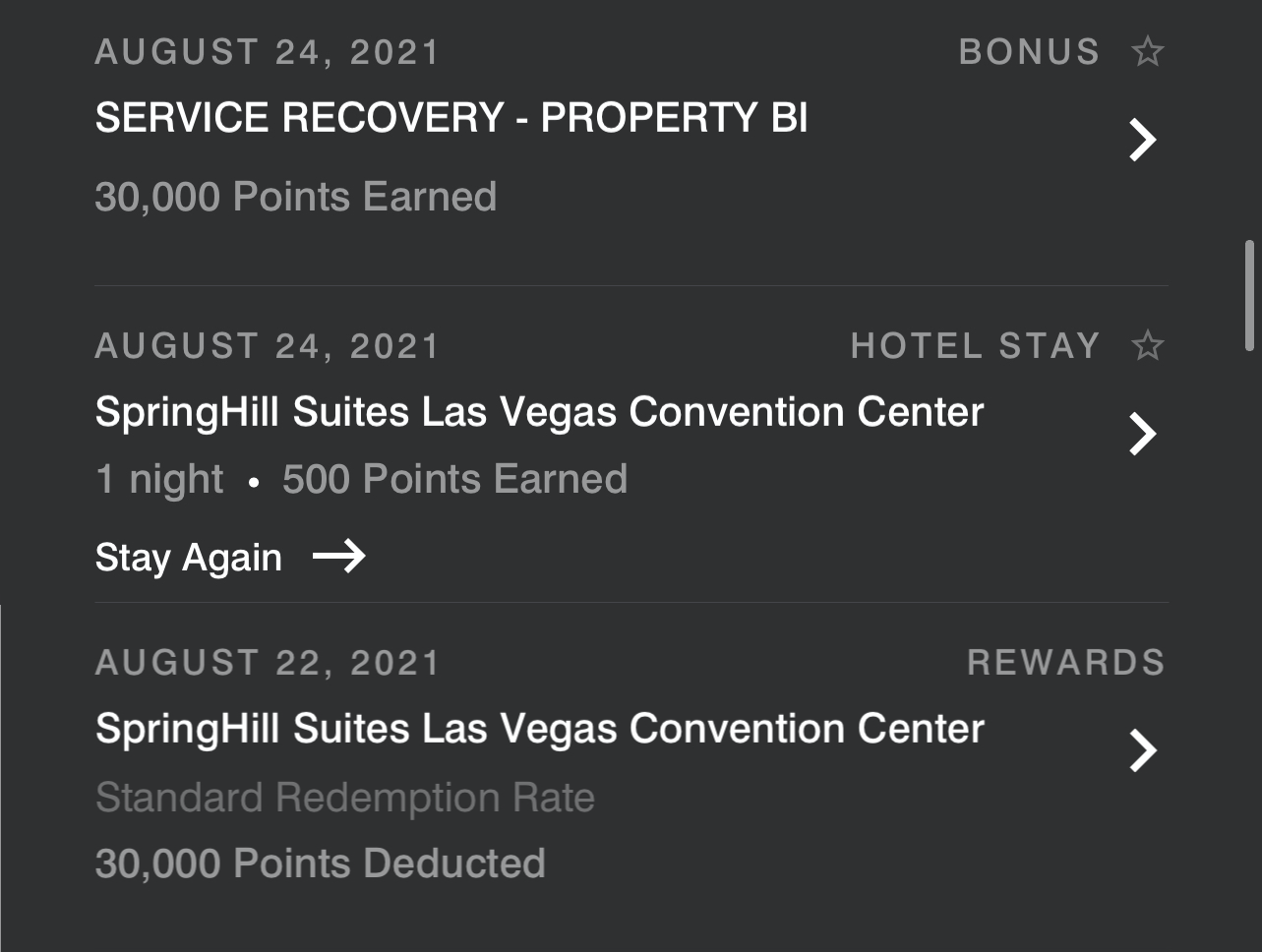 Marriott account activity showing comped hotel room