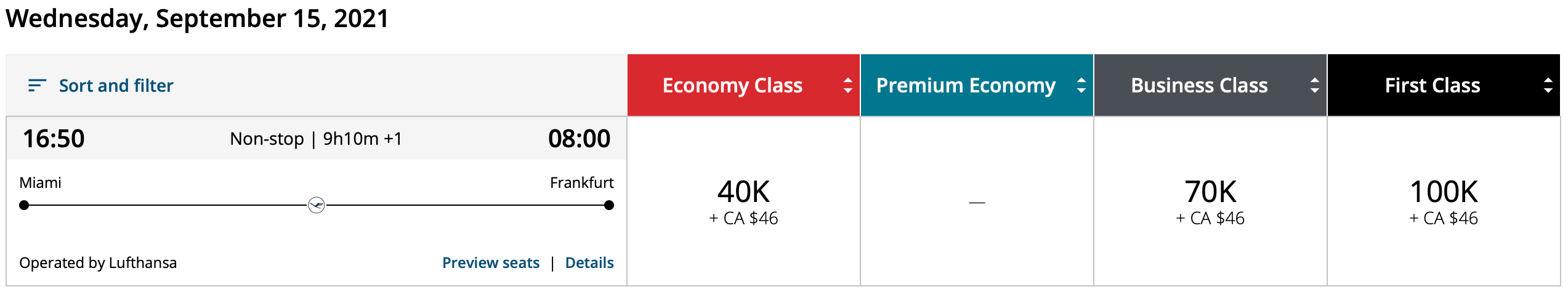 Miami to Frankfurt Lufthansa first class award space on Air Canada's website