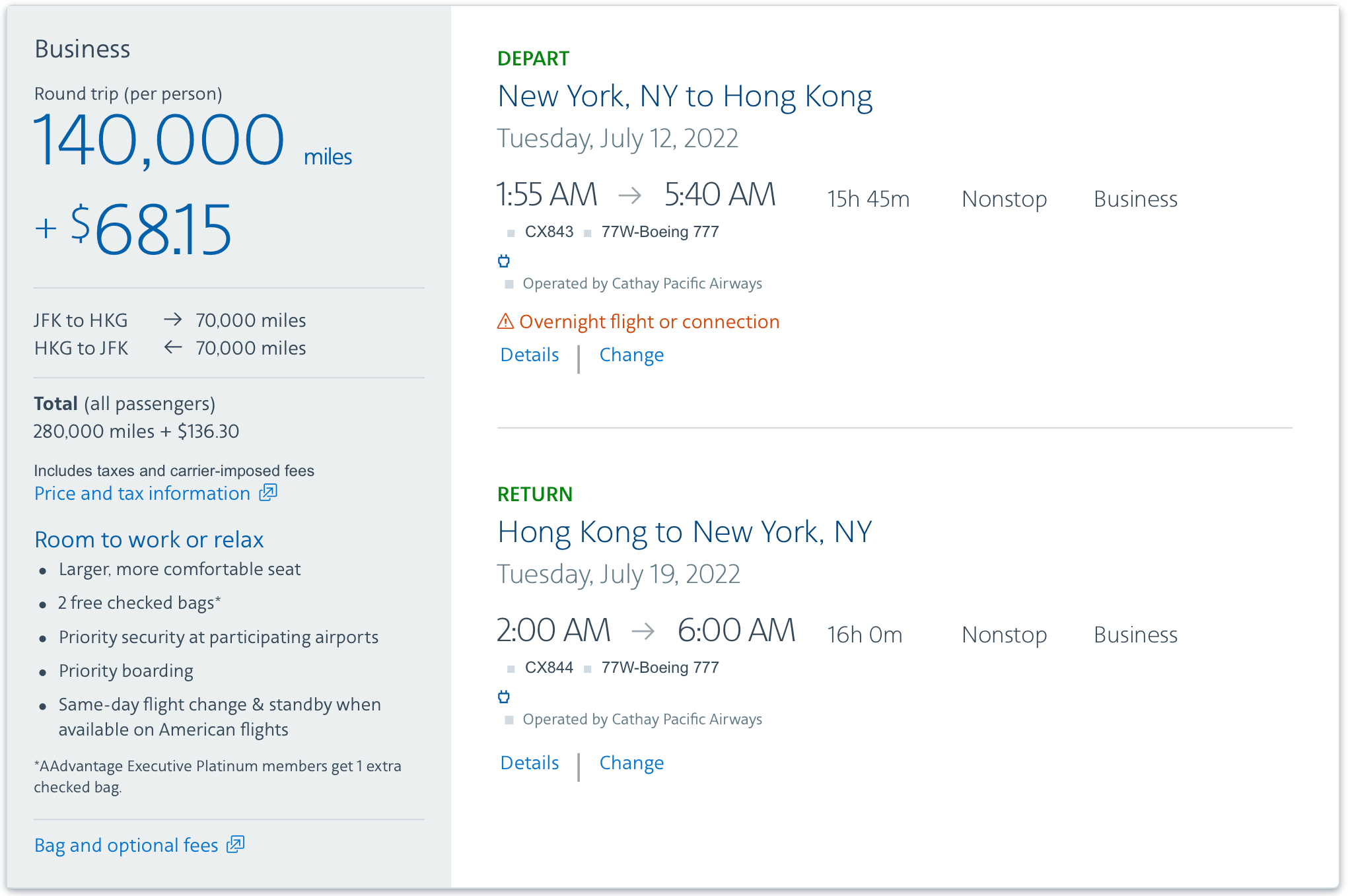 Round-trip Cathay Pacific award ticket from JFK to HKG in business class on American's website