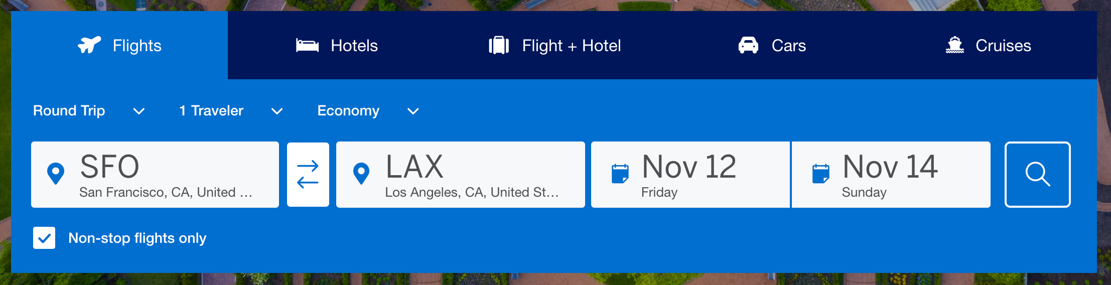 The search box for flights on American Express Travel
