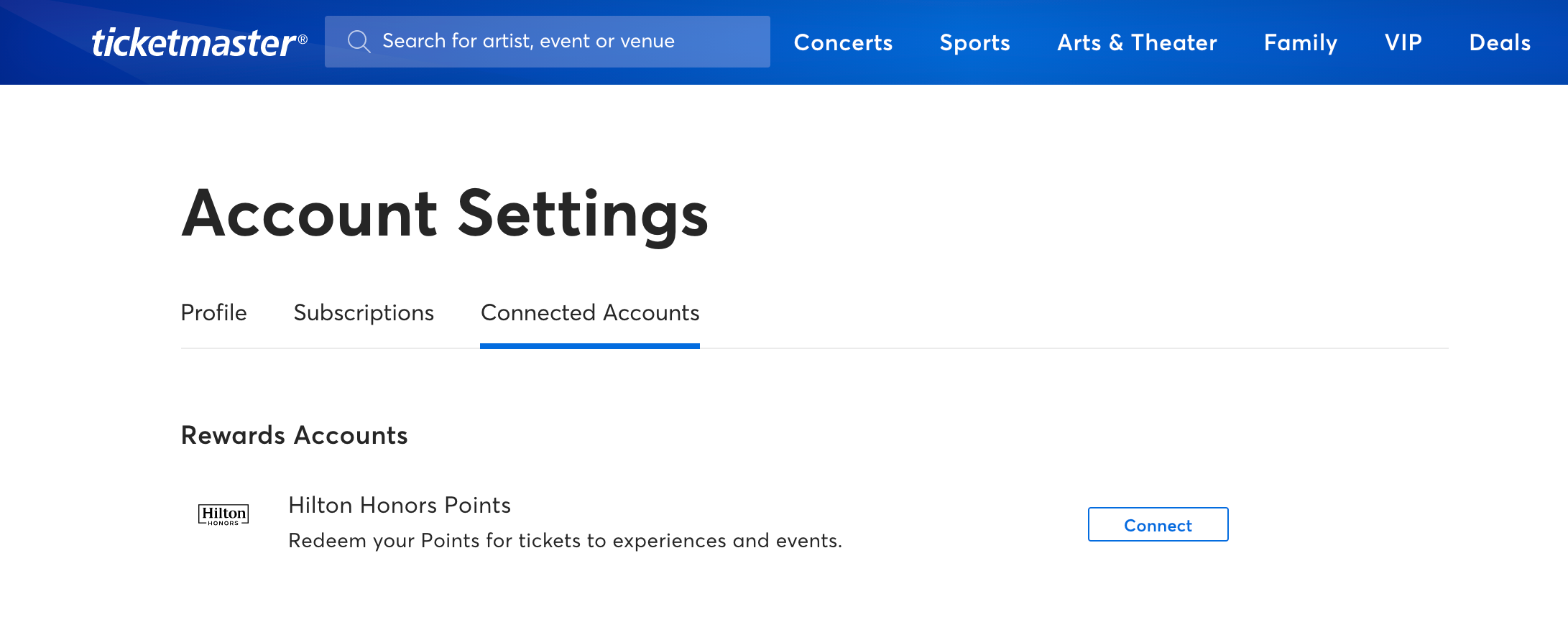 Screenshot of Ticketmaster site where you can connect your Hilton Honors account