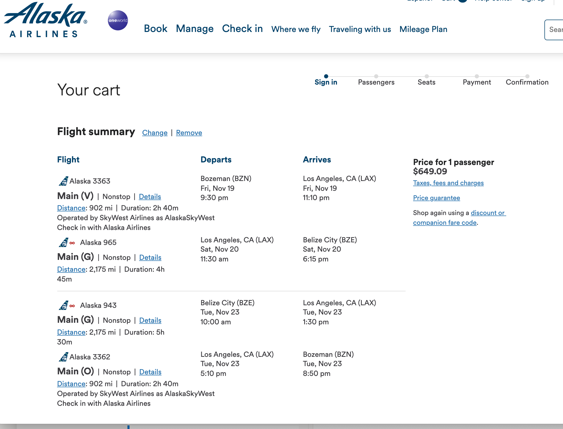 Flights to Belize City. (Screenshot courtesy Alaska Airlines)