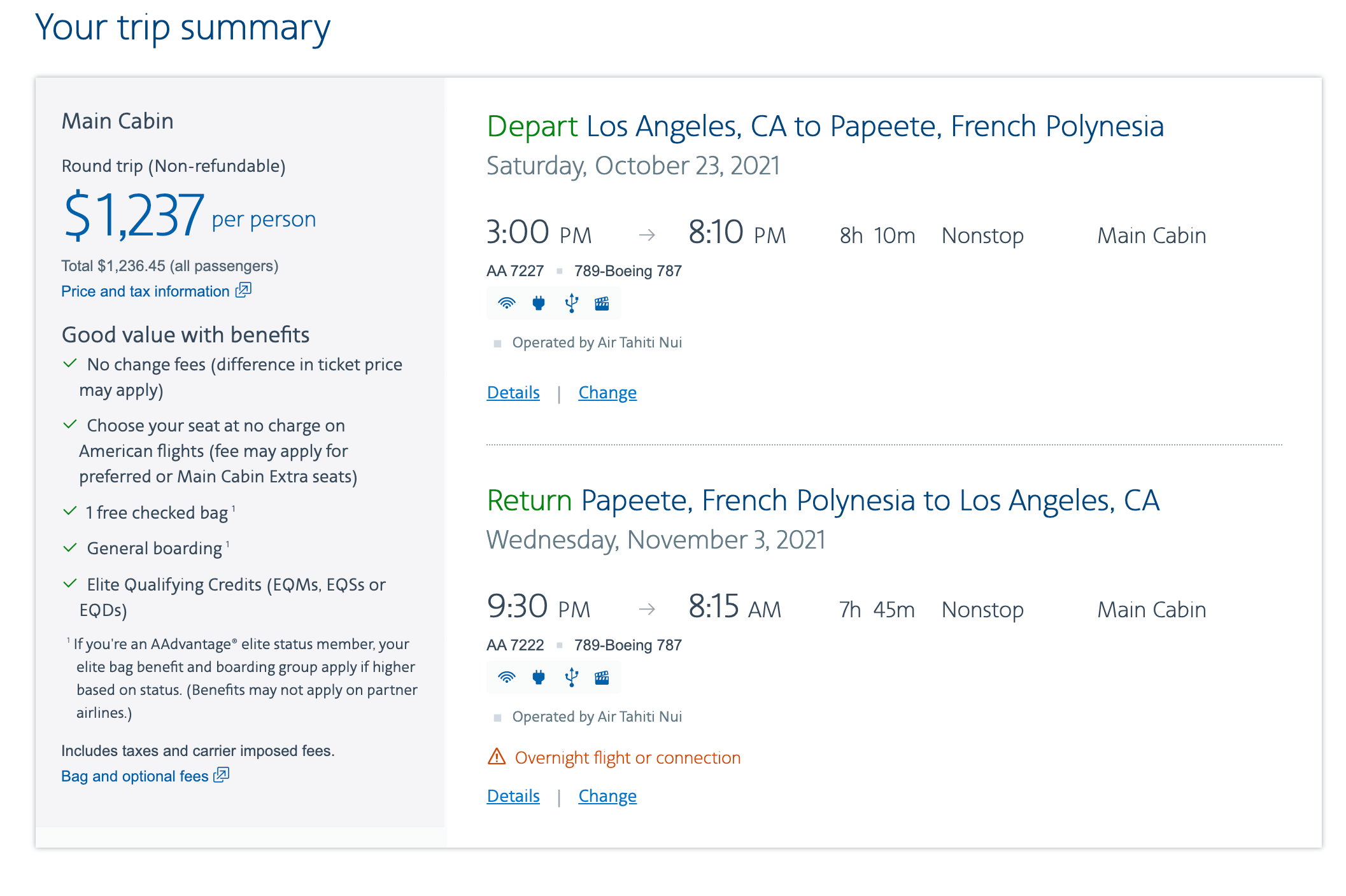 Fare on AA.com for roundtrip flights LAX to PPT. (Screenshot courtesy American Airlines)