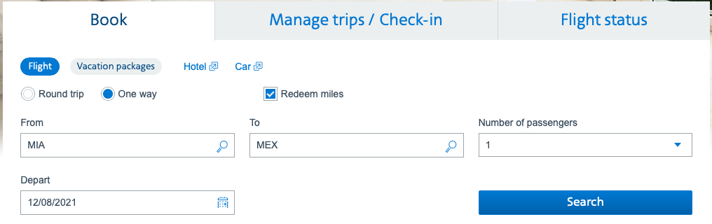 Searching for a flight on AA.com