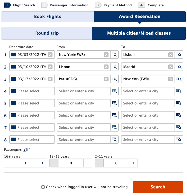 Searching for a multi-city award ticket on the ANA website