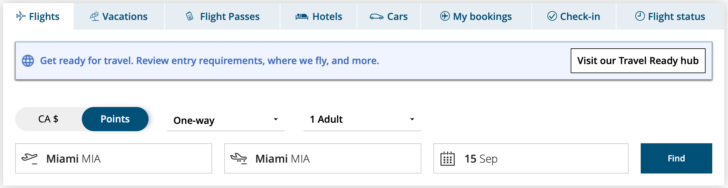 Searching for an award flight on Air Canada's website