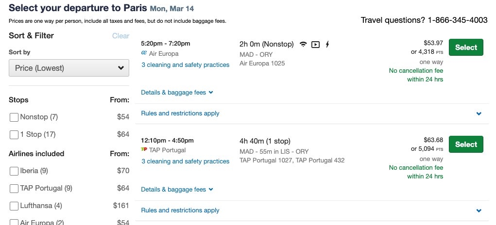 Selecting flight on the Chase travel portal