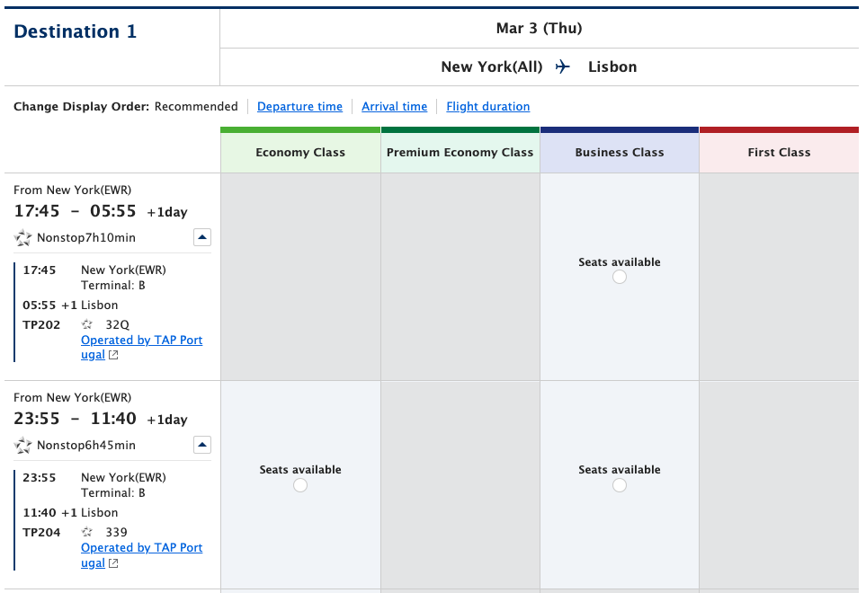 Selecting flights on the ANA website