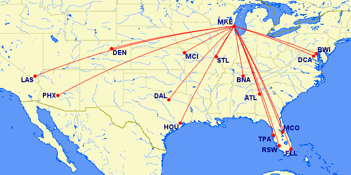 Southwest routes from MKE