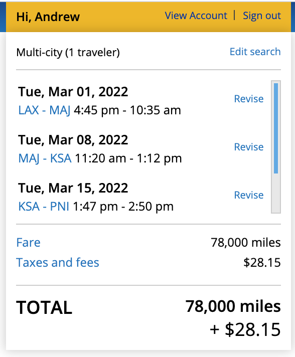 United Island Hopper itinerary with an extra stop on United's website
