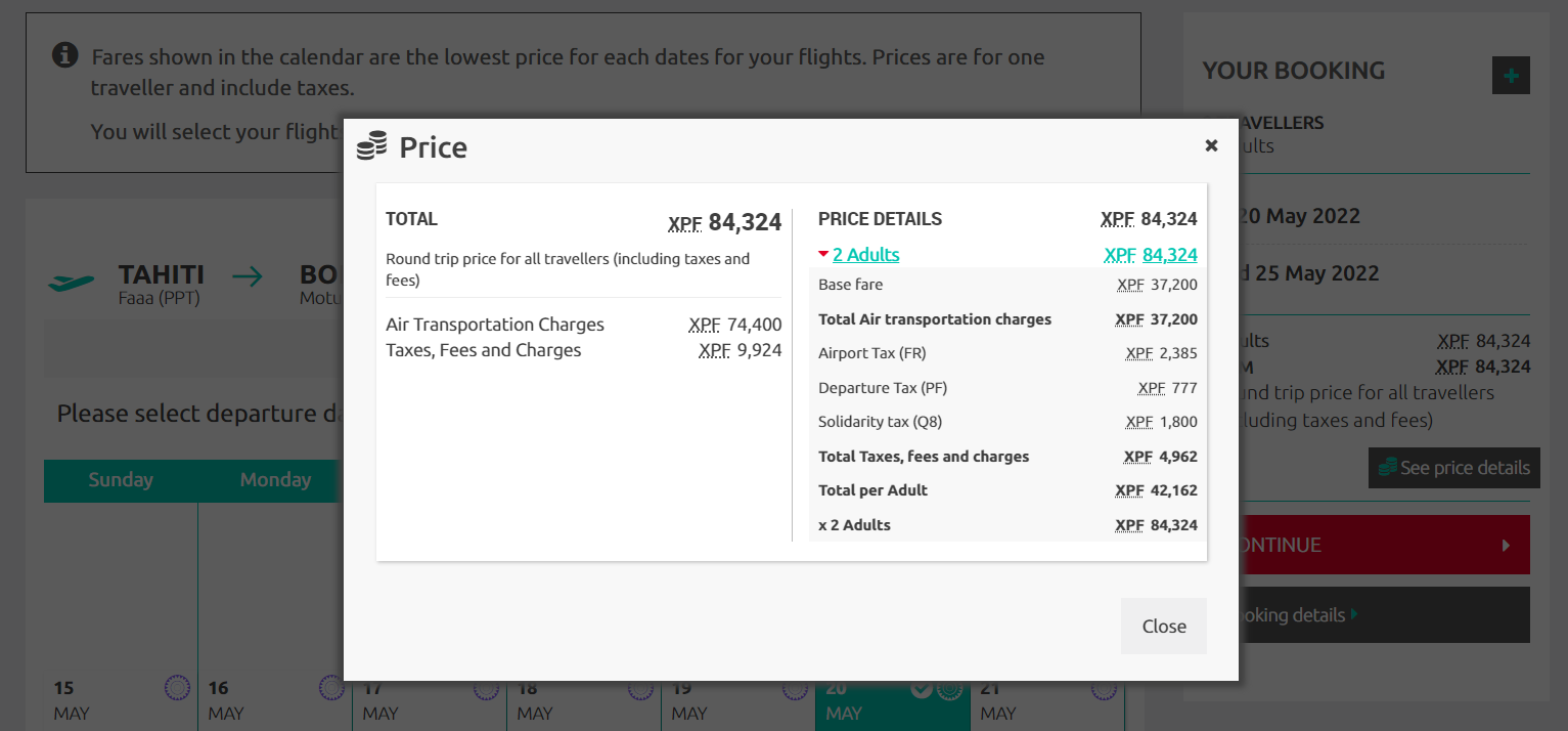 Round trip from Tahiti to Bora Bora for two