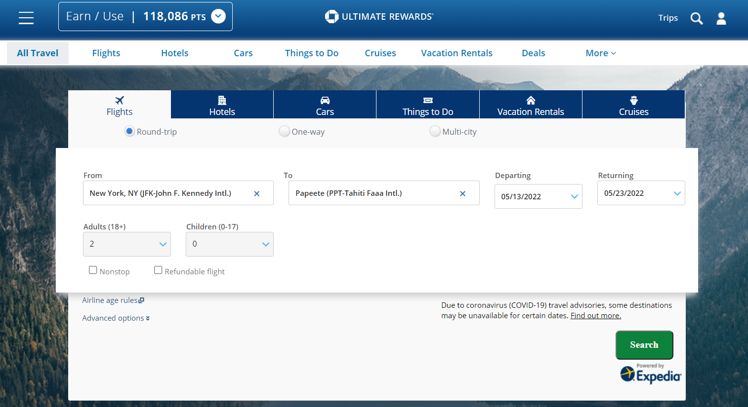 Booking a flight through the Chase travel portal