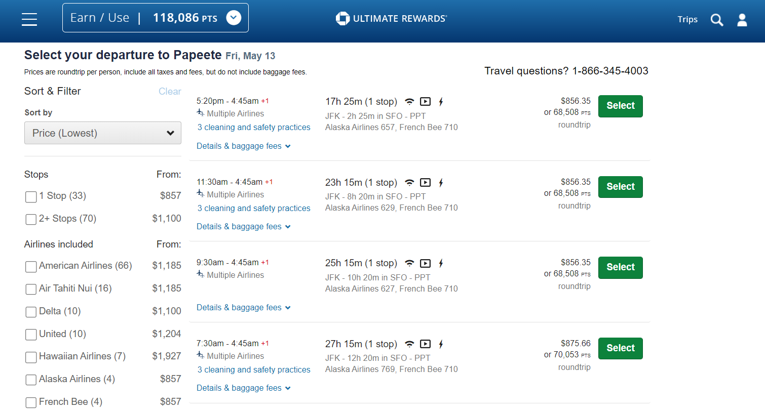 Booking a flight through the Chase travel portal