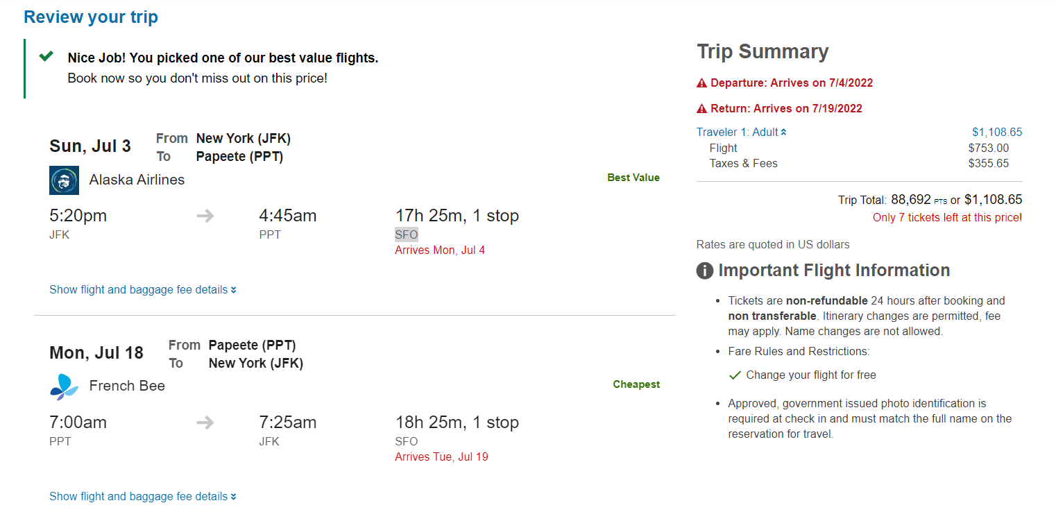 Pricing a flight through the Chase travel portal