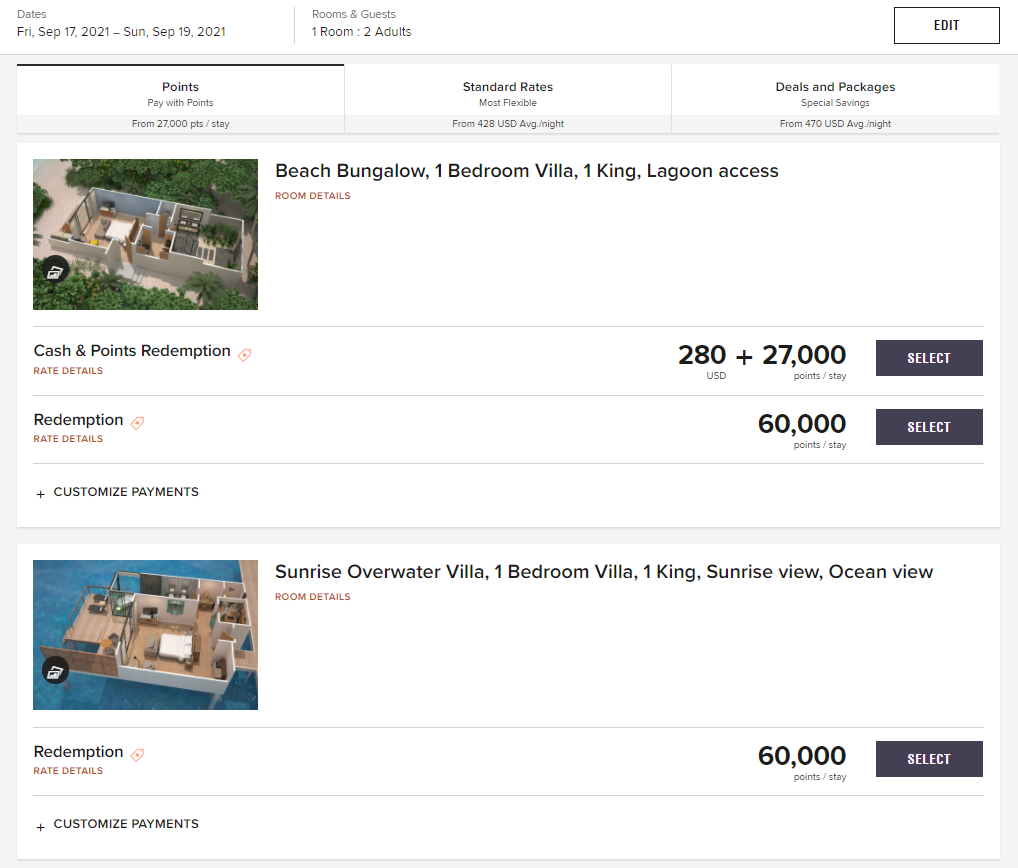 Award options for Le Meridien Maldives