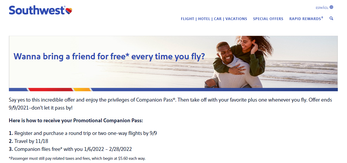 Southwest promotional companion pass