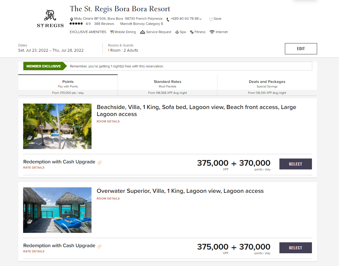 St. Regis Bora Bora award pricing
