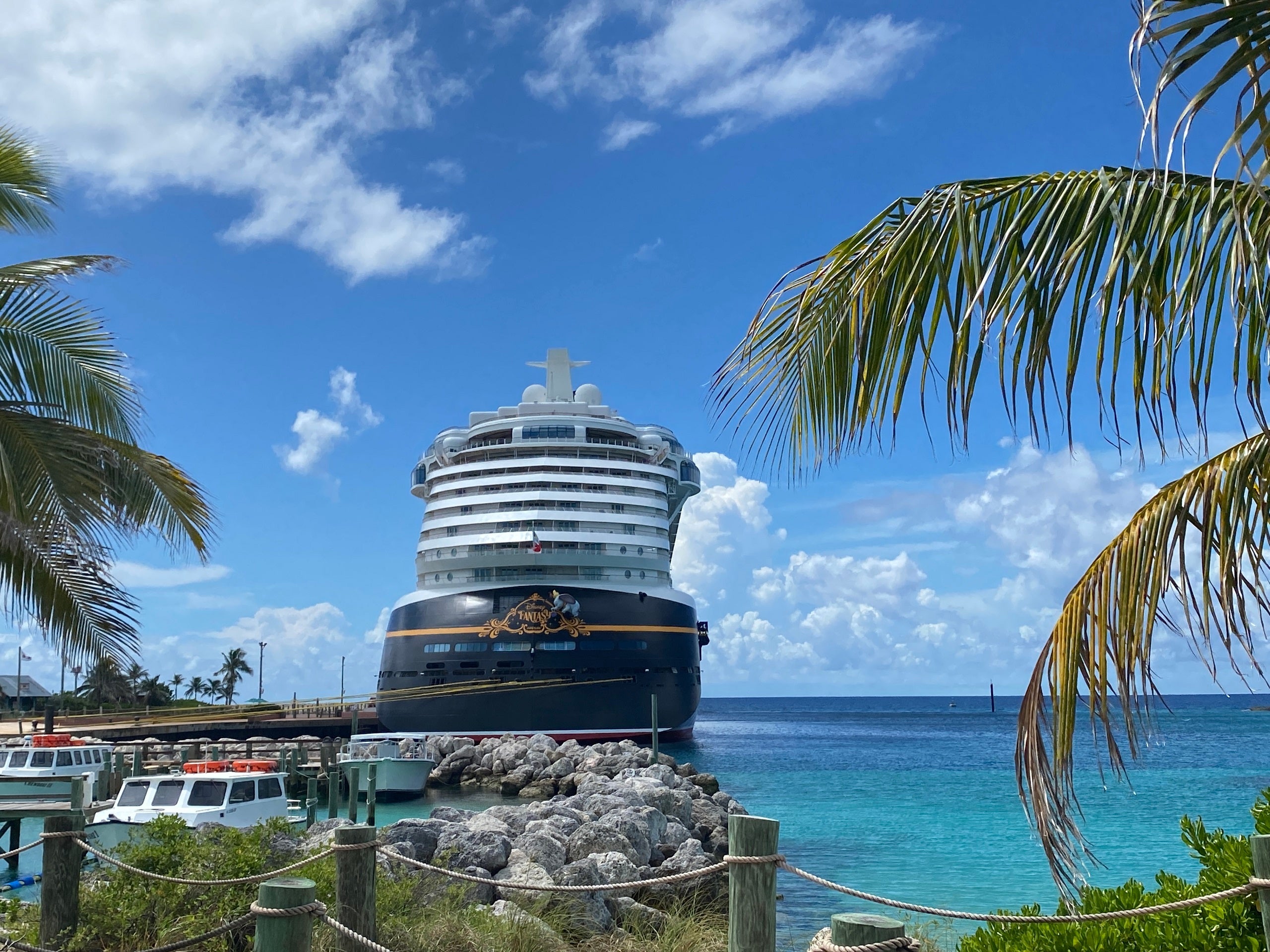 The aft of a Disney cruise ship docked at private island Castaway Cay surrounded by palm trees, teal water and blue sky