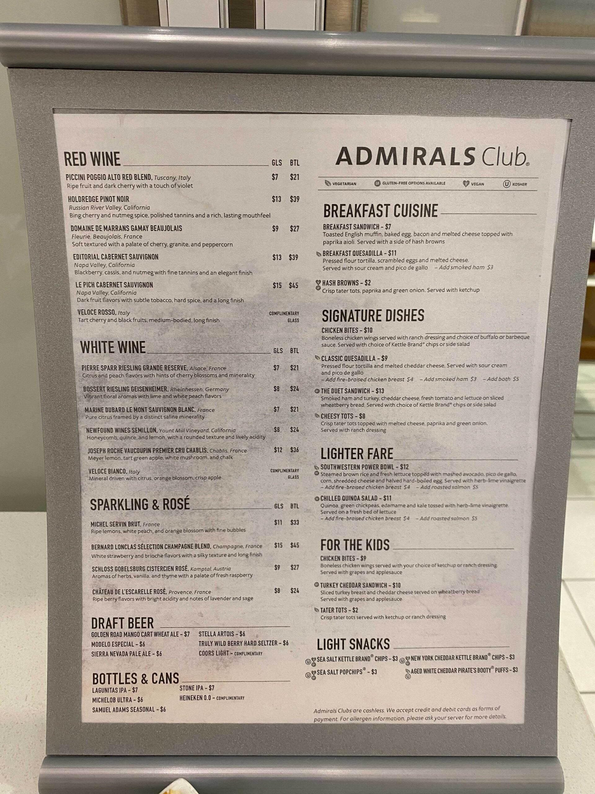 AA club at LAX menu. Admiral's Club at LAX. (Photo by Ashley Kosciolek/The Points Guy)