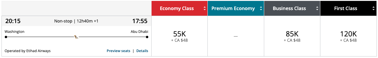 Aeroplan award ticket prices for flights from Dulles to Abu Dhabi on Etihad Airways